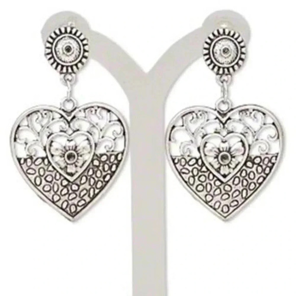 Antique Silver Plated Openwork Filigree Heart Dangle Earrings - Picture 1 of 1